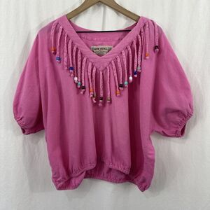 New Hero Native American 100% Cotton USA Pink Fringe Beaded Top Cinch Waist OSFM